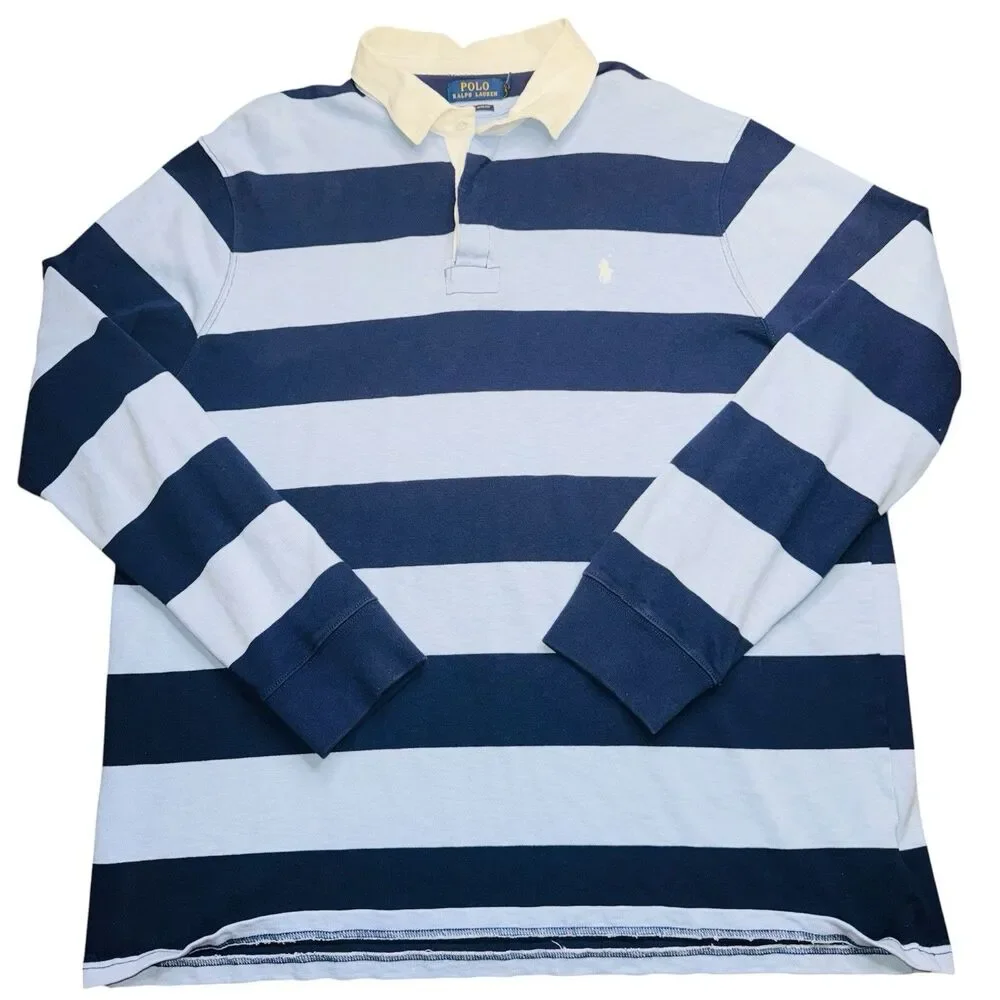 Polo Ralph Lauren Rugby Shirt Men’s 2XL Long Sleeve Blue Striped Navy Preppy